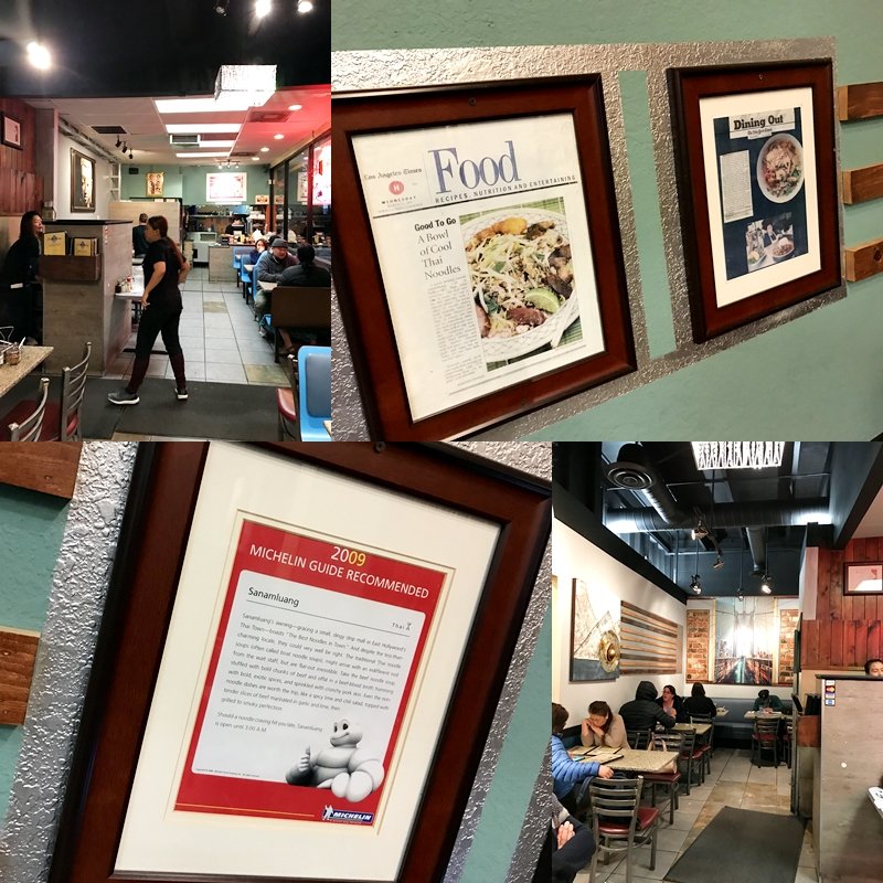 Dining room walls hung with framed newspaper reviews and a Michelin Guide certificate